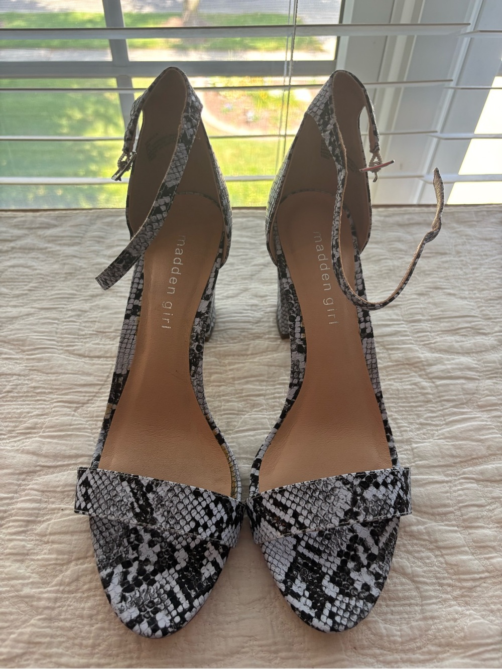 Madden Girl Black and Baby BlueSnake-Print Ankle Strap Block Heels
